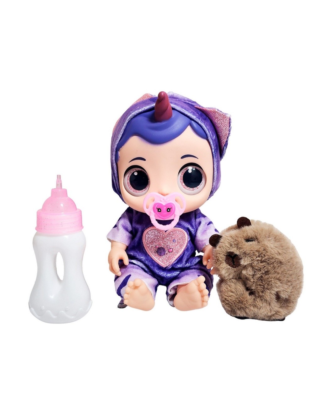 Muñeca Ojos Expresivos Con Tetero + Peluche Capibara Juguete
