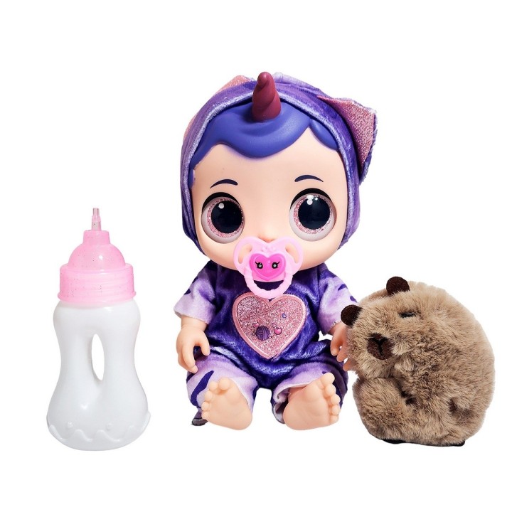 Muñeca Ojos Expresivos Con Tetero + Peluche Capibara Juguete