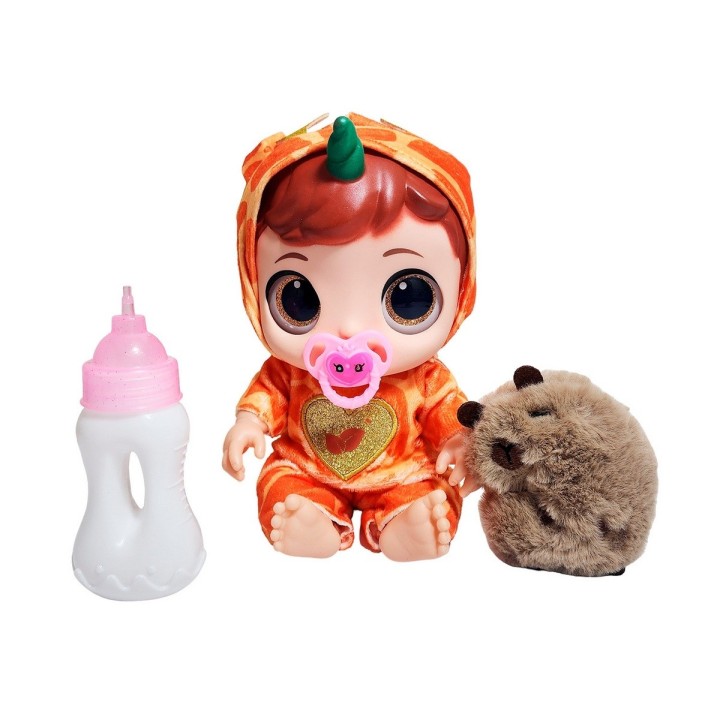 Muñeca Ojos Expresivos Con Tetero + Peluche Capibara Juguete