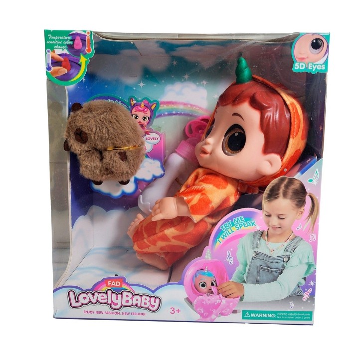 Muñeca Ojos Expresivos Con Tetero + Peluche Capibara Juguete