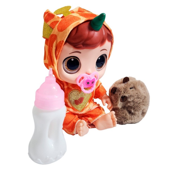 Muñeca Ojos Expresivos Con Tetero + Peluche Capibara Juguete