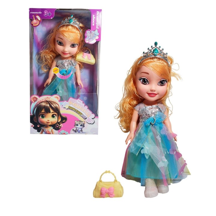 Muñeca Reina Con Corona Y Vestido + Bolso Juguete Niñas