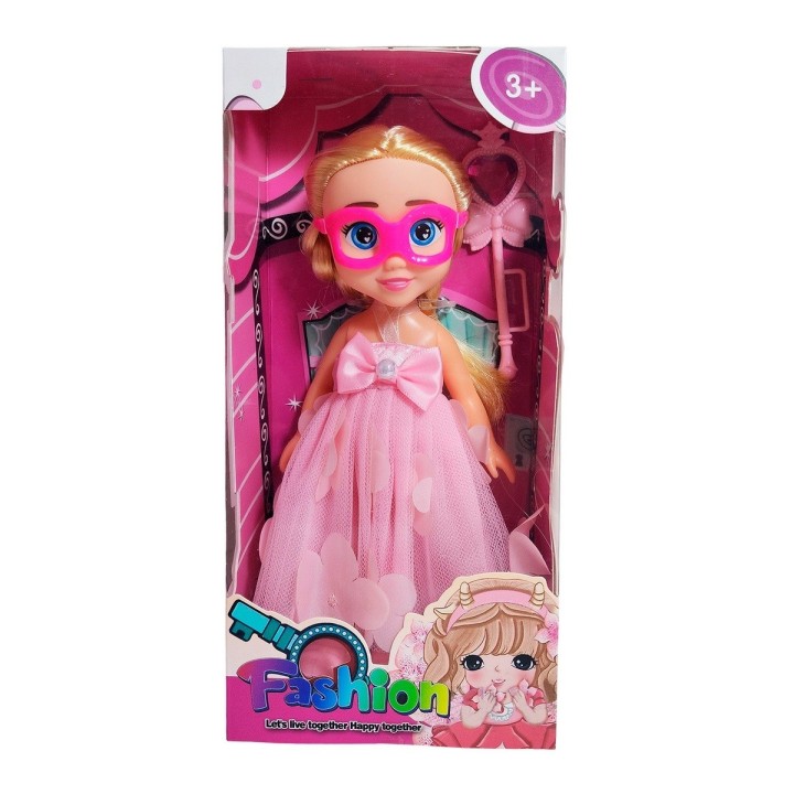 Muñeca Princesa Vestido Con Antifaz + Cetro Mágico Rosa