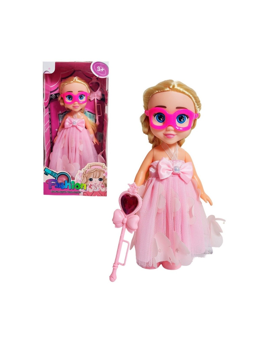 Muñeca Princesa Vestido Con Antifaz + Cetro Mágico Rosa