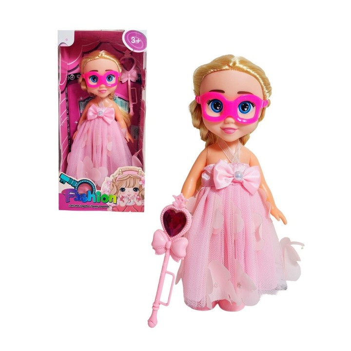 Muñeca Princesa Vestido Con Antifaz + Cetro Mágico Rosa