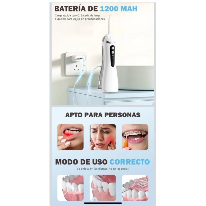 Irrigador Dental Portátil Recargable Ipx7 + 4 Boquillas Usb 3.7