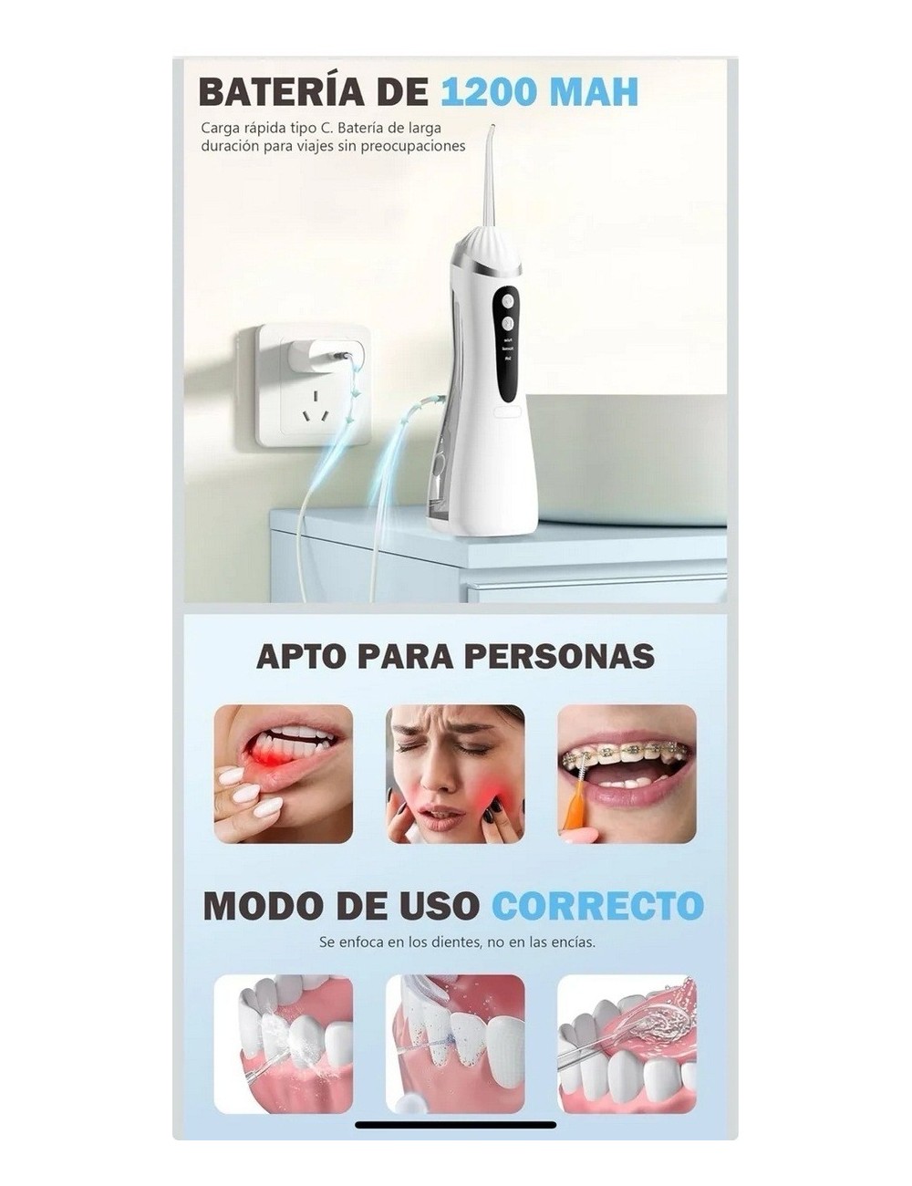 Irrigador Dental Portátil Recargable Ipx7 + 4 Boquillas Usb 3.7