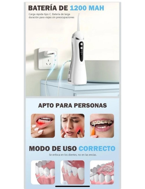 Irrigador Dental Portátil Recargable Ipx7 + 4 Boquillas Usb 3.7