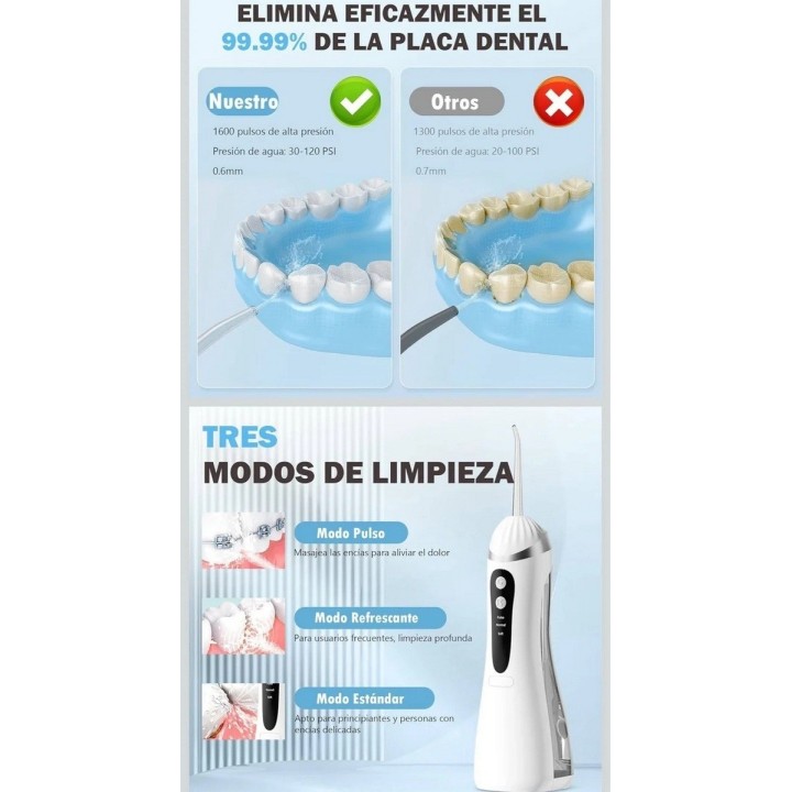 Irrigador Dental Portátil Recargable Ipx7 + 4 Boquillas Usb 3.7