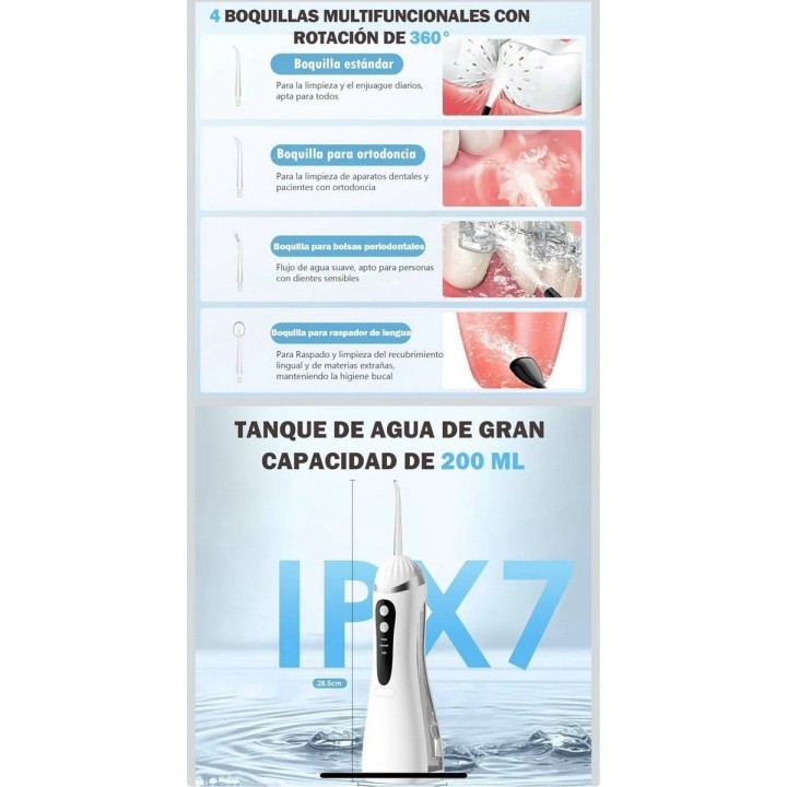 Irrigador Dental Portátil Recargable Ipx7 + 4 Boquillas Usb 3.7