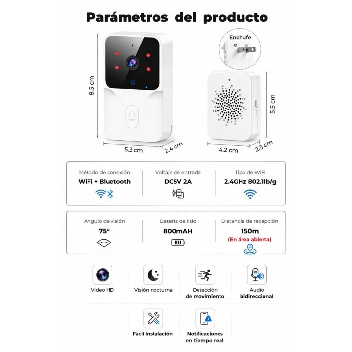 Timbre Inteligente Wifi Recargable Con Cámara Inalambrico Blanco Dc5v 2a