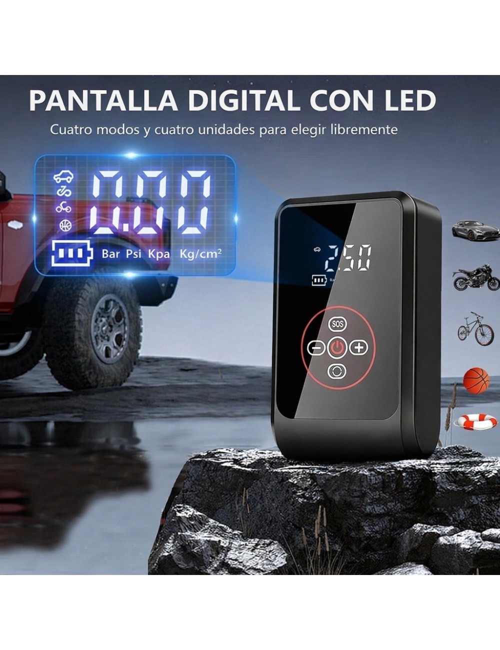 Compresor De Aire Portátil Digital Hasta 150 Psi Recargable Negro 7.4v 50hz/60hz Monofásica