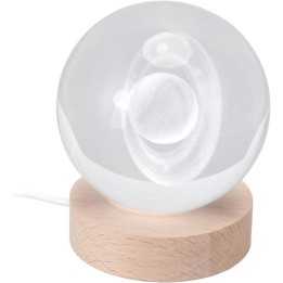 Lámpara Bola De Cristal Saturno 3d Led Base Madera Usb Beige 5v