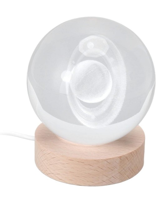 Lámpara Bola De Cristal Saturno 3d Led Base Madera Usb Beige 5v
