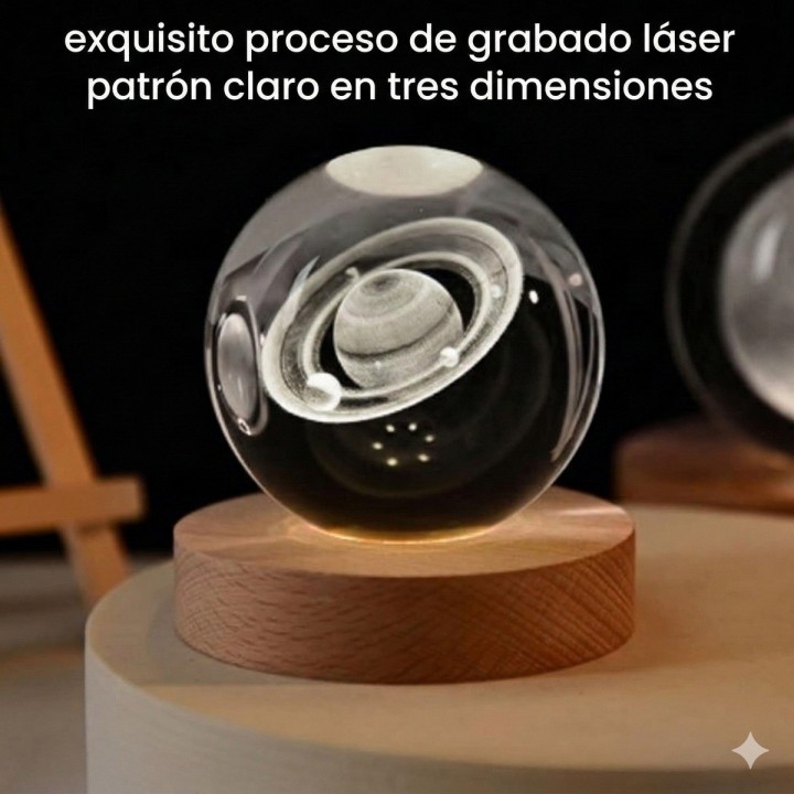 Lámpara Bola De Cristal Saturno 3d Led Base Madera Usb Beige 5v