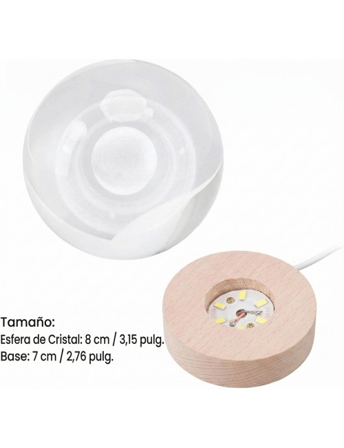 Lámpara Bola De Cristal Saturno 3d Led Base Madera Usb Beige 5v