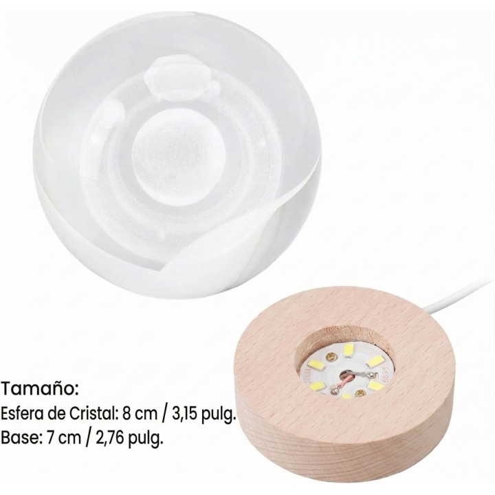 Lámpara Bola De Cristal Saturno 3d Led Base Madera Usb Beige 5v