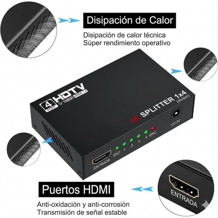 Splitter Hdmi 1x4 Divisor 4k Full Hd Input A Cuatro Output