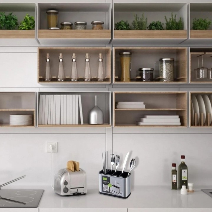 Organizador Escurridor De Cubiertos Acero Inoxidable 4 Cav Plateado