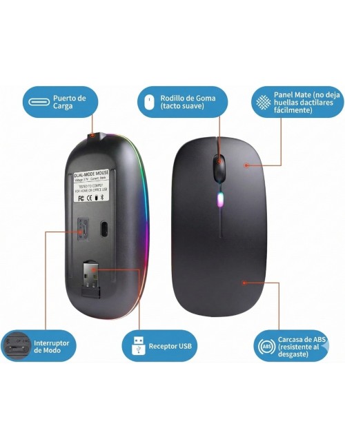 Mouse Inalámbrico Recargable Dual Bluetooth 5.2 + 2.4g Led Negro
