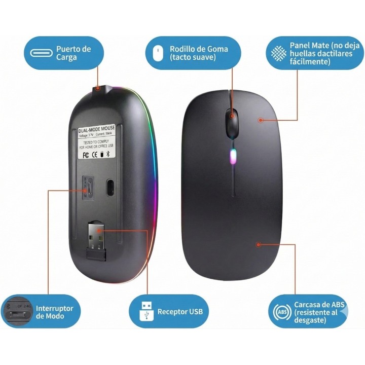 Mouse Inalámbrico Recargable Dual Bluetooth 5.2 + 2.4g Led Negro