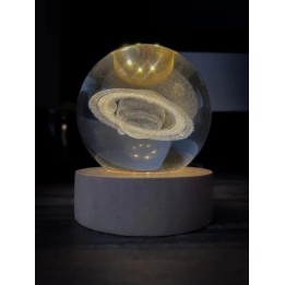 Lámpara Bola De Cristal 3d Saturno Base Madera Luz Led Usb Beige 5v