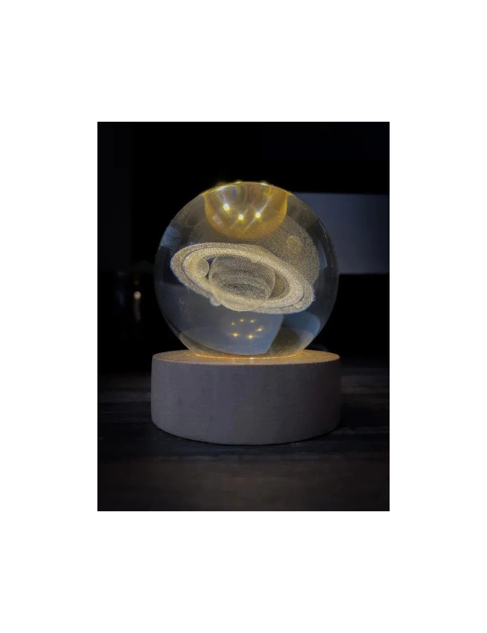 Lámpara Bola De Cristal 3d Saturno Base Madera Luz Led Usb Beige 5v