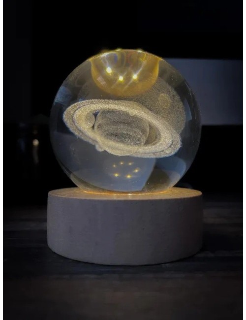 Lámpara Bola De Cristal 3d Saturno Base Madera Luz Led Usb Beige 5v
