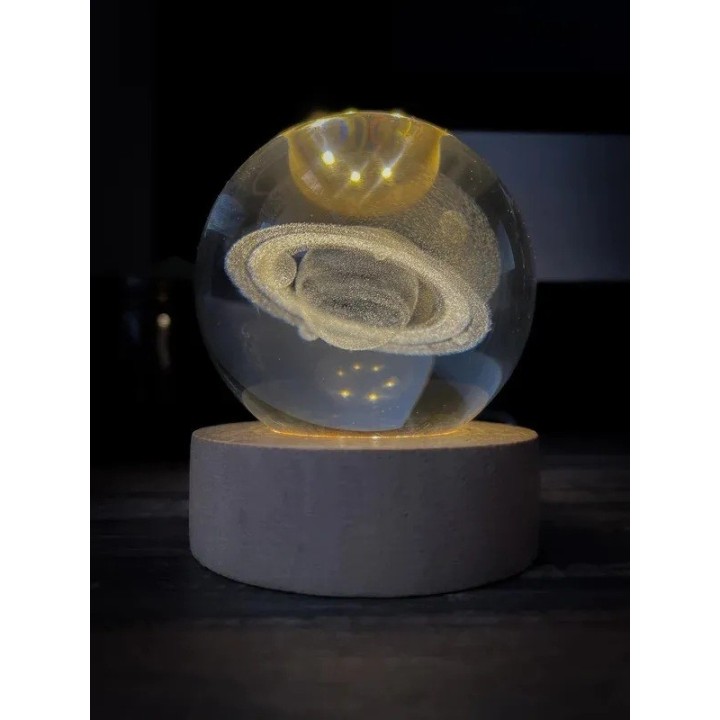 Lámpara Bola De Cristal 3d Saturno Base Madera Luz Led Usb Beige 5v