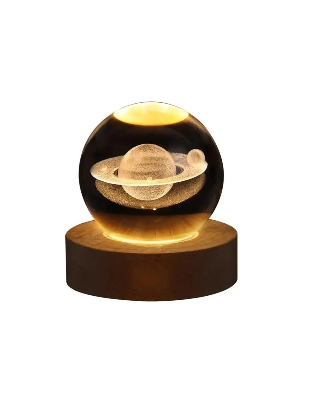 Lámpara Bola De Cristal 3d Saturno Base Madera Luz Led Usb Beige 5v