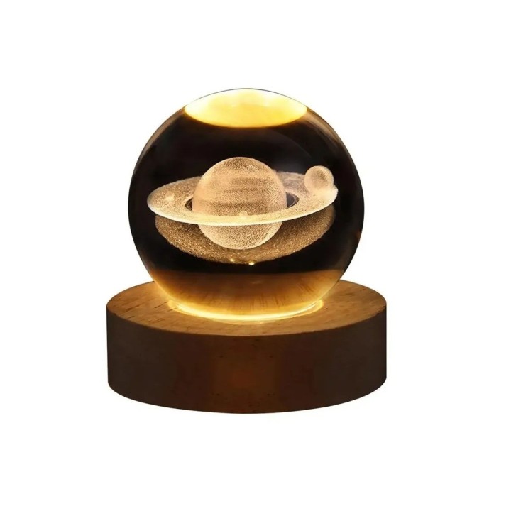 Lámpara Bola De Cristal 3d Saturno Base Madera Luz Led Usb Beige 5v