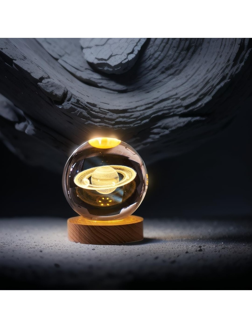 Lámpara Bola De Cristal 3d Saturno Base Madera Luz Led Usb Beige 5v