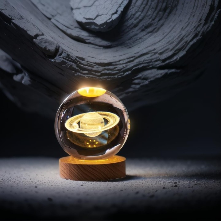 Lámpara Bola De Cristal 3d Saturno Base Madera Luz Led Usb Beige 5v