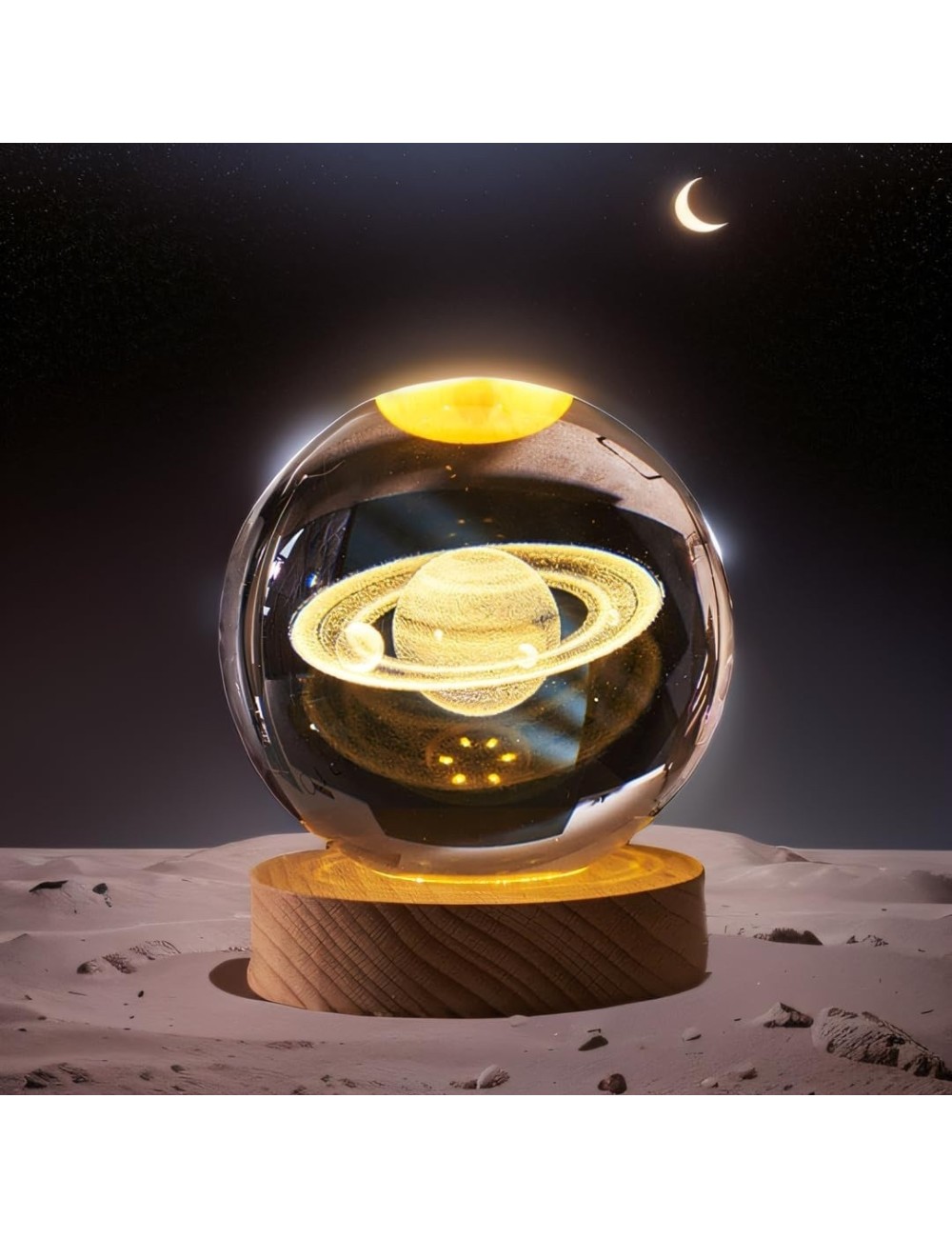 Lámpara Bola De Cristal 3d Saturno Base Madera Luz Led Usb Beige 5v
