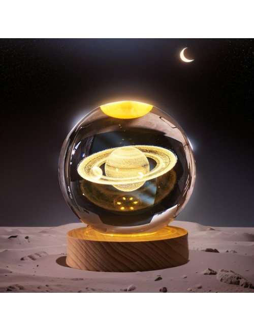 Lámpara Bola De Cristal 3d Saturno Base Madera Luz Led Usb Beige 5v