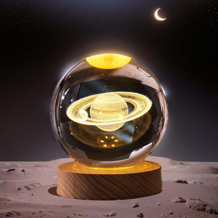 Lámpara Bola De Cristal 3d Saturno Base Madera Luz Led Usb Beige 5v