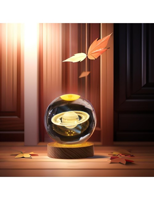 Lámpara Bola De Cristal 3d Saturno Base Madera Luz Led Usb Beige 5v