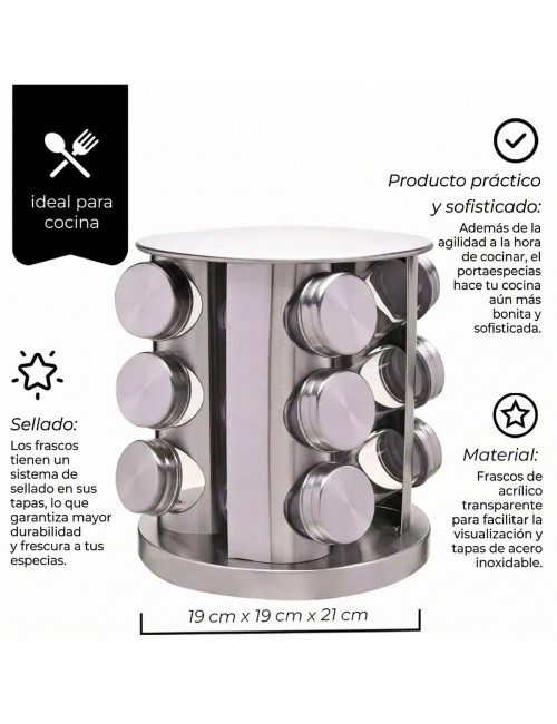 Condimentero Especiero Giratorio Acero Inoxidable 12 Frascos Plateado