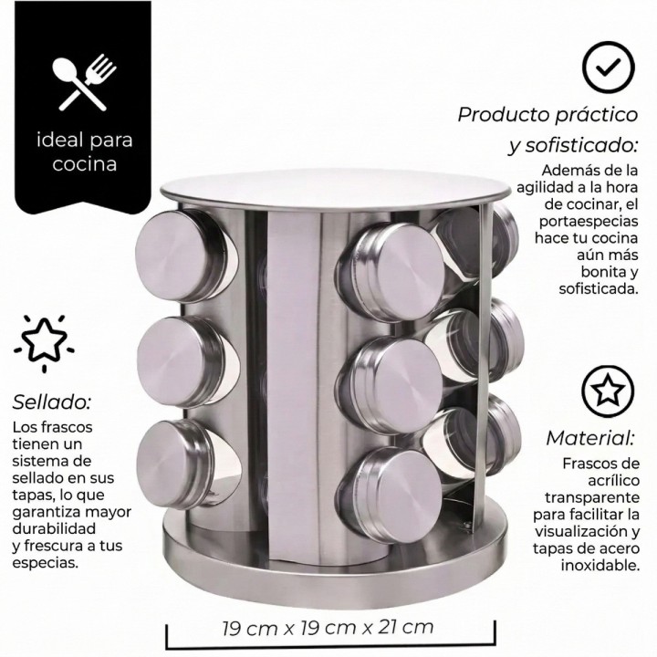 Condimentero Especiero Giratorio Acero Inoxidable 12 Frascos Plateado