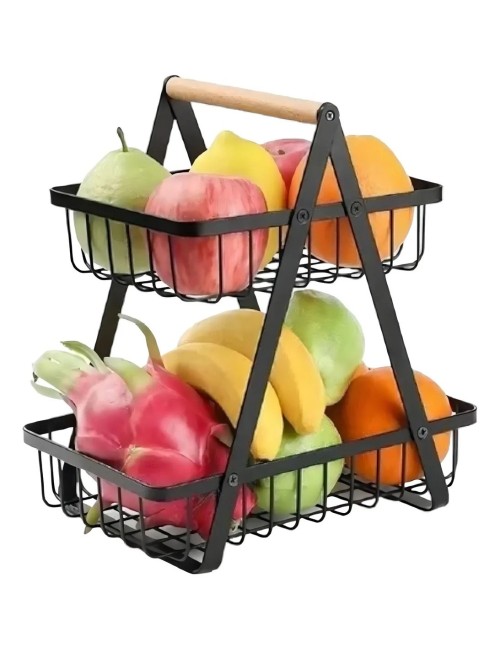 Canasta Frutero Organizador Doble Con Mango De Madera Negro