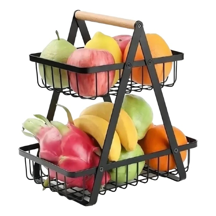 Canasta Frutero Organizador Doble Con Mango De Madera Negro