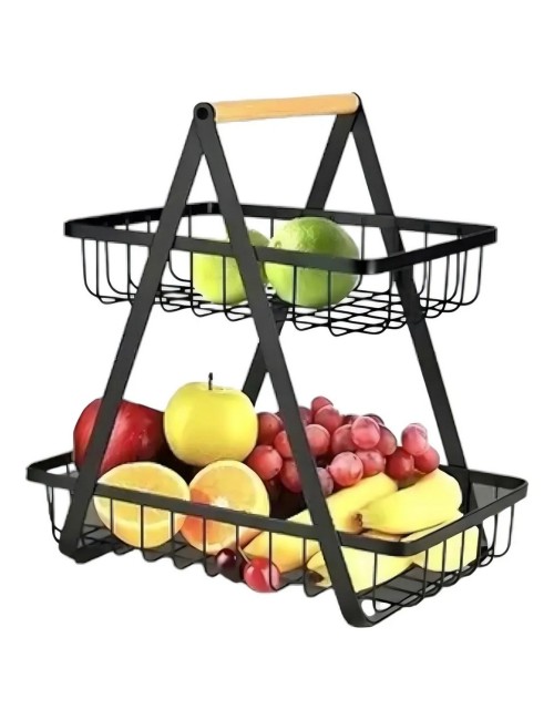 Canasta Frutero Organizador Doble Con Mango De Madera Negro