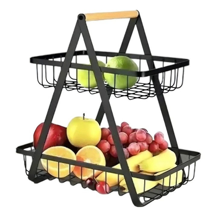 Canasta Frutero Organizador Doble Con Mango De Madera Negro