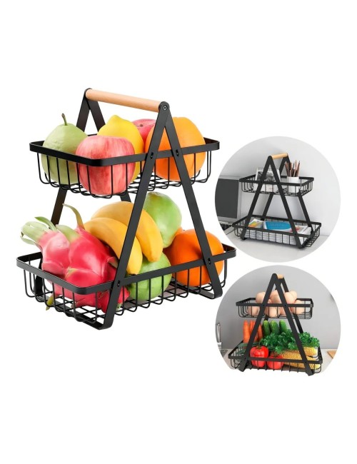 Canasta Frutero Organizador Doble Con Mango De Madera Negro