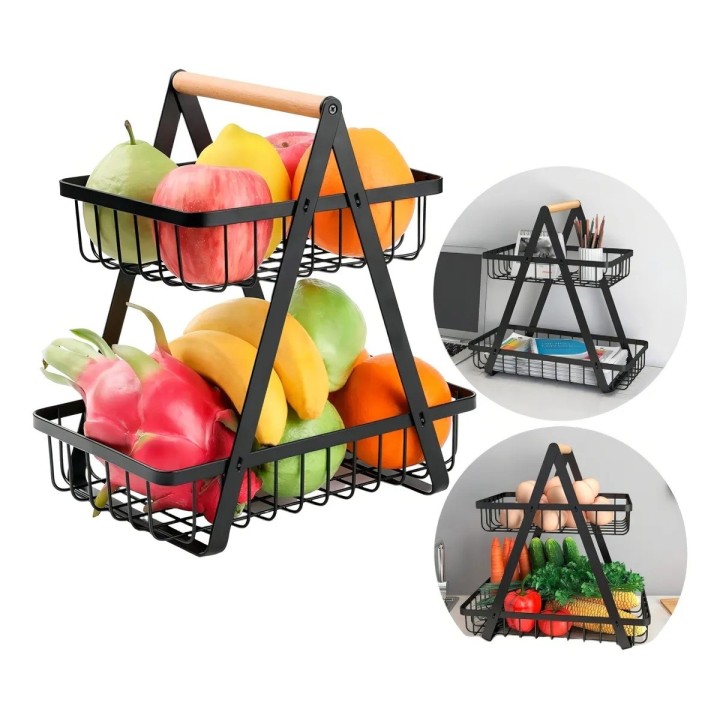Canasta Frutero Organizador Doble Con Mango De Madera Negro