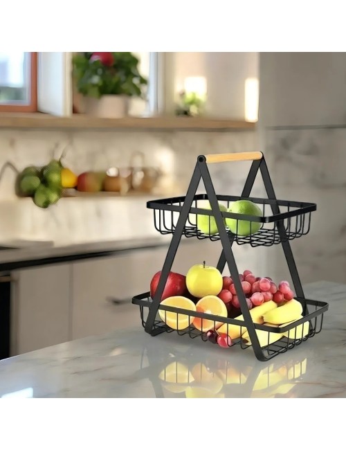 Canasta Frutero Organizador Doble Con Mango De Madera Negro