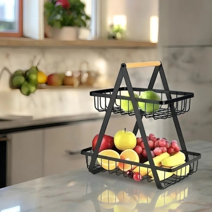 Canasta Frutero Organizador Doble Con Mango De Madera Negro