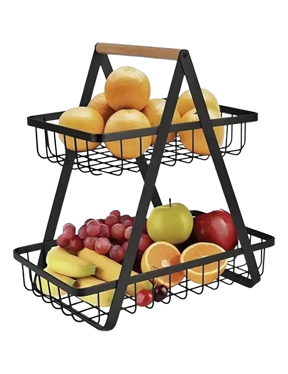 Canasta Frutero Organizador Doble Con Mango De Madera Negro