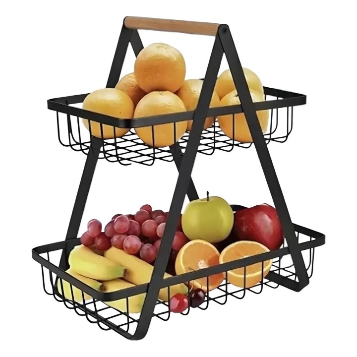 Canasta Frutero Organizador Doble Con Mango De Madera Negro
