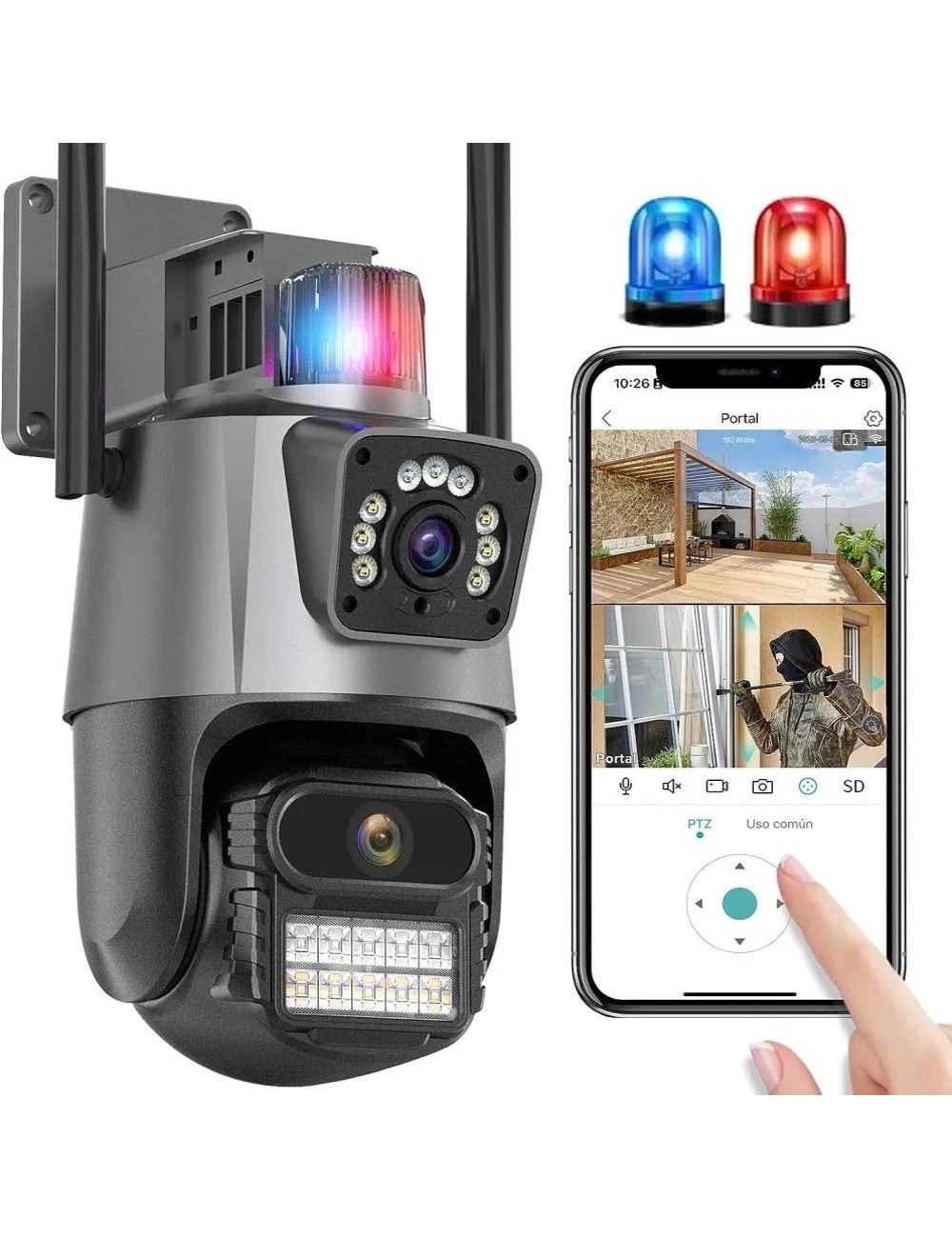 Cámara Seguridad Wifi Doble Lente 8mp 4k Ptz Alarma Sirena Gris